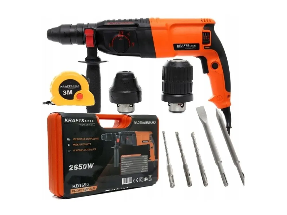 Právě přidáno - Příklepová vrtačka 2650W SDS+, vrtací kladivo, 2 hlavice, Kraft&Dele KD1690