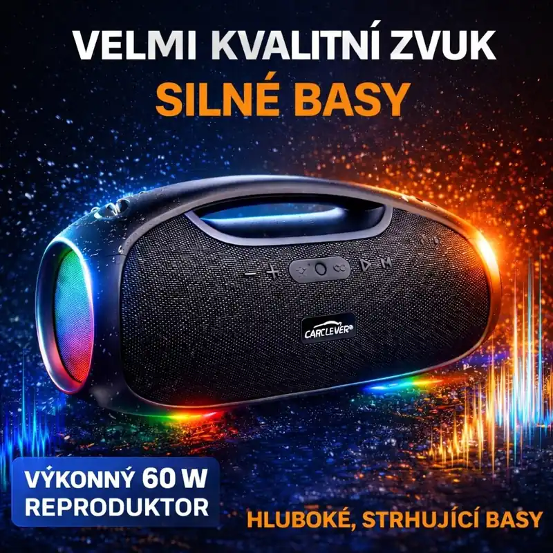 Tovární cena - CARCLEVER bezdrátový Bluetooth reproduktor, voděodolný IPX6, USB, AUX, MIC, RGB BTS03