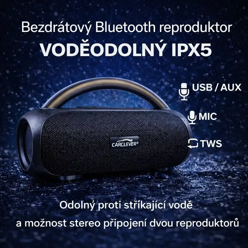 CARCLEVER bezdrátový Bluetooth reproduktor, voděodolný USB, AUX, MIC, TWS, IPX5 BTS04 | Akce končí brzy
