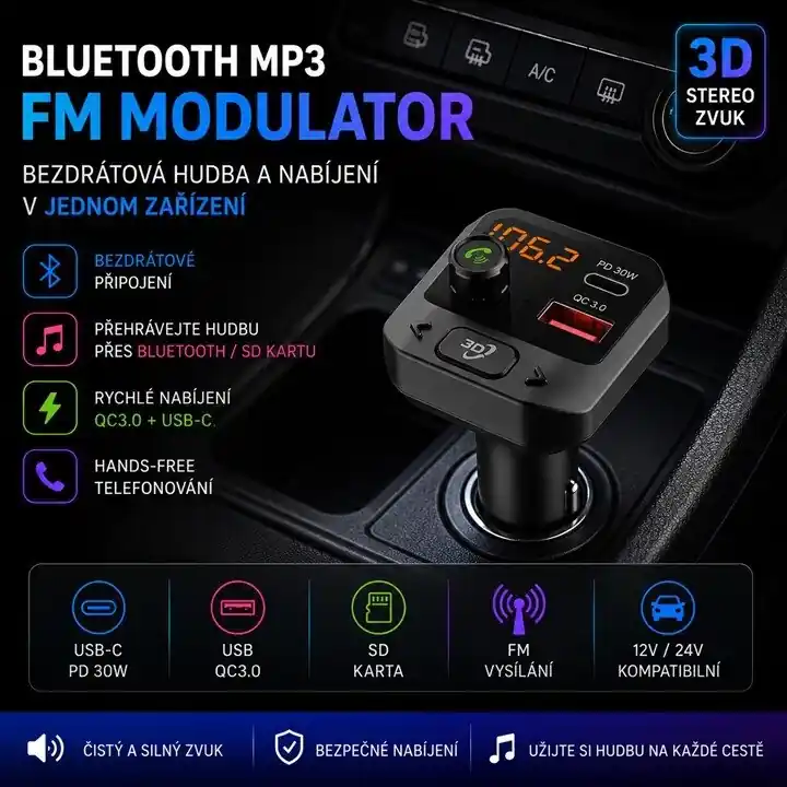 Nyní k dispozici | Bluetooth/MP3/FM modulátor bezdrátový s SD portem do CL s 3D stereo, USB-C / USB QC3.0 80559QC