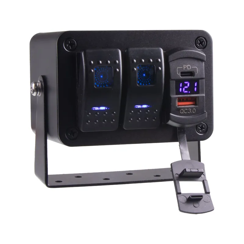 Populární | Panel s 2x spínači Rocker, voltmetr + USB/USB-C zásuvka, 12/24V 47173