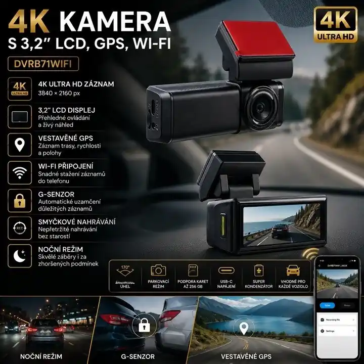 Snížená cena - 4K kamera s 3,2" LCD, GPS, Wi-Fi dvrb71wifi