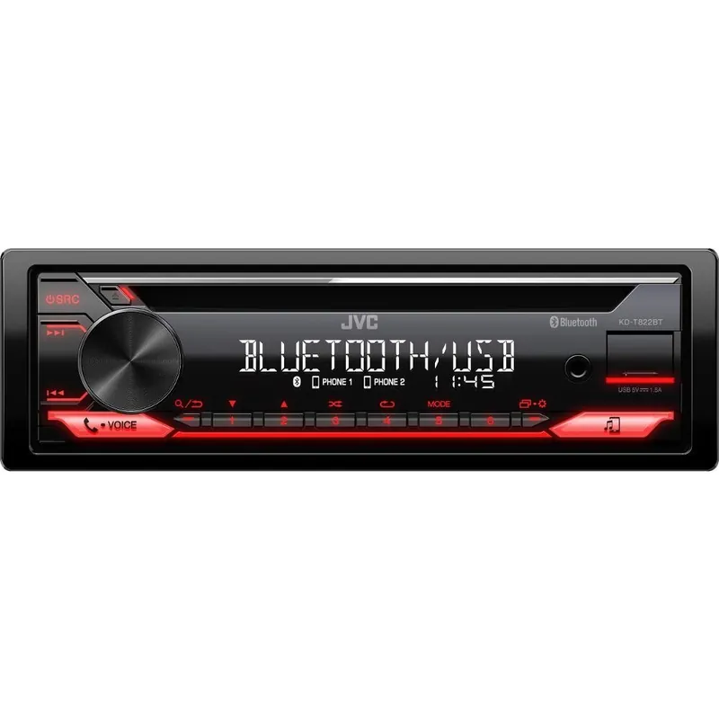 JVC autorádio s CD/MP3/USB/AUX/Bluetooth připojení/červené podsvícení/odním.panel KD-T822BT - Outlet