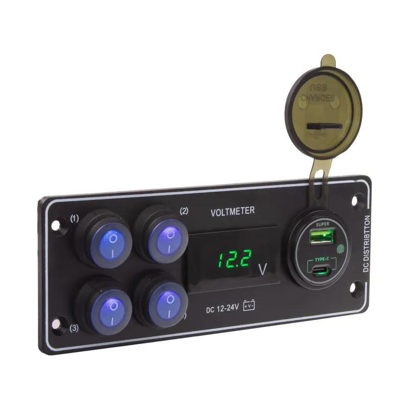 Panel s 4x spínači + USB-C/USB-A + Voltmetr, 12/24V 47187 | Mezi nejprodávanějšími